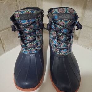 Sperry Waterproof Aztec Blue Coral Duck Boots Size 7.5